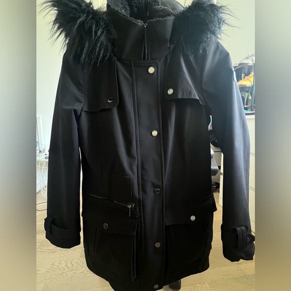 DKNY Black Parka with Faux Fur Hood - Like New (Size Small) - Picture 3 of 6